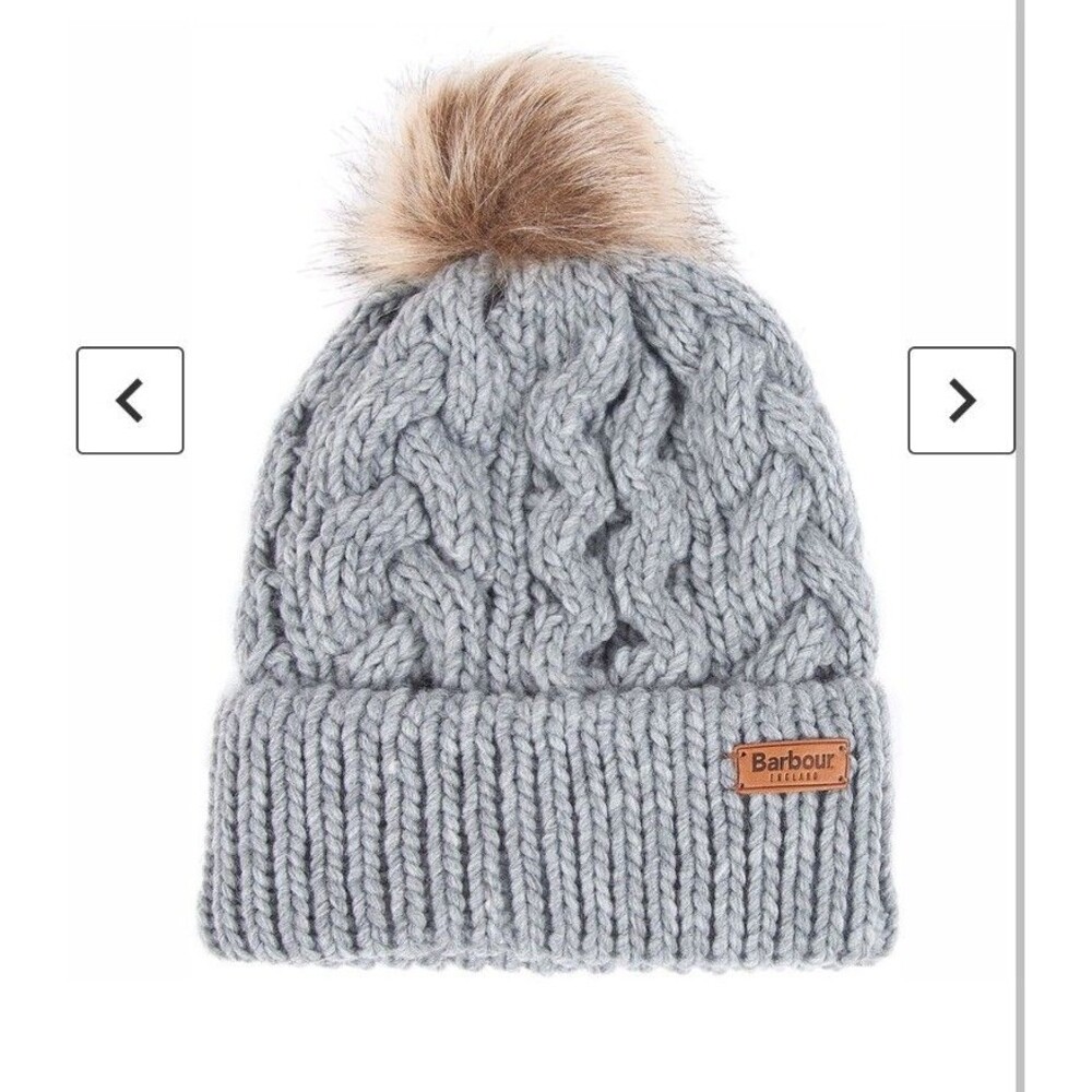 Barbour Cable Knit Grey Winter Beanie Faux Pom Pom